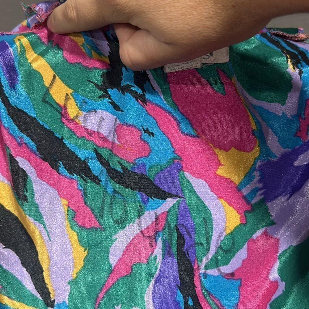 Vintage Adolfo Multicolored Long Sleeved Silky Nightgown L - Picture 7 of 8
